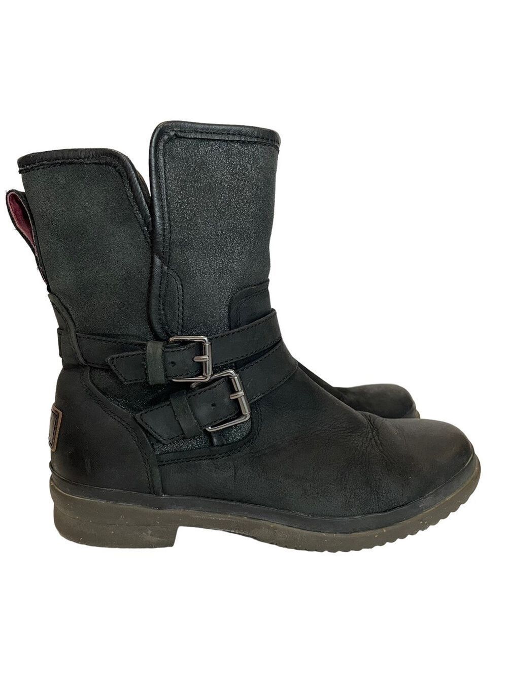 UGG Simmens Waterproof Leather Boots Women’s 6 Black Buckle Belted Biker Moto